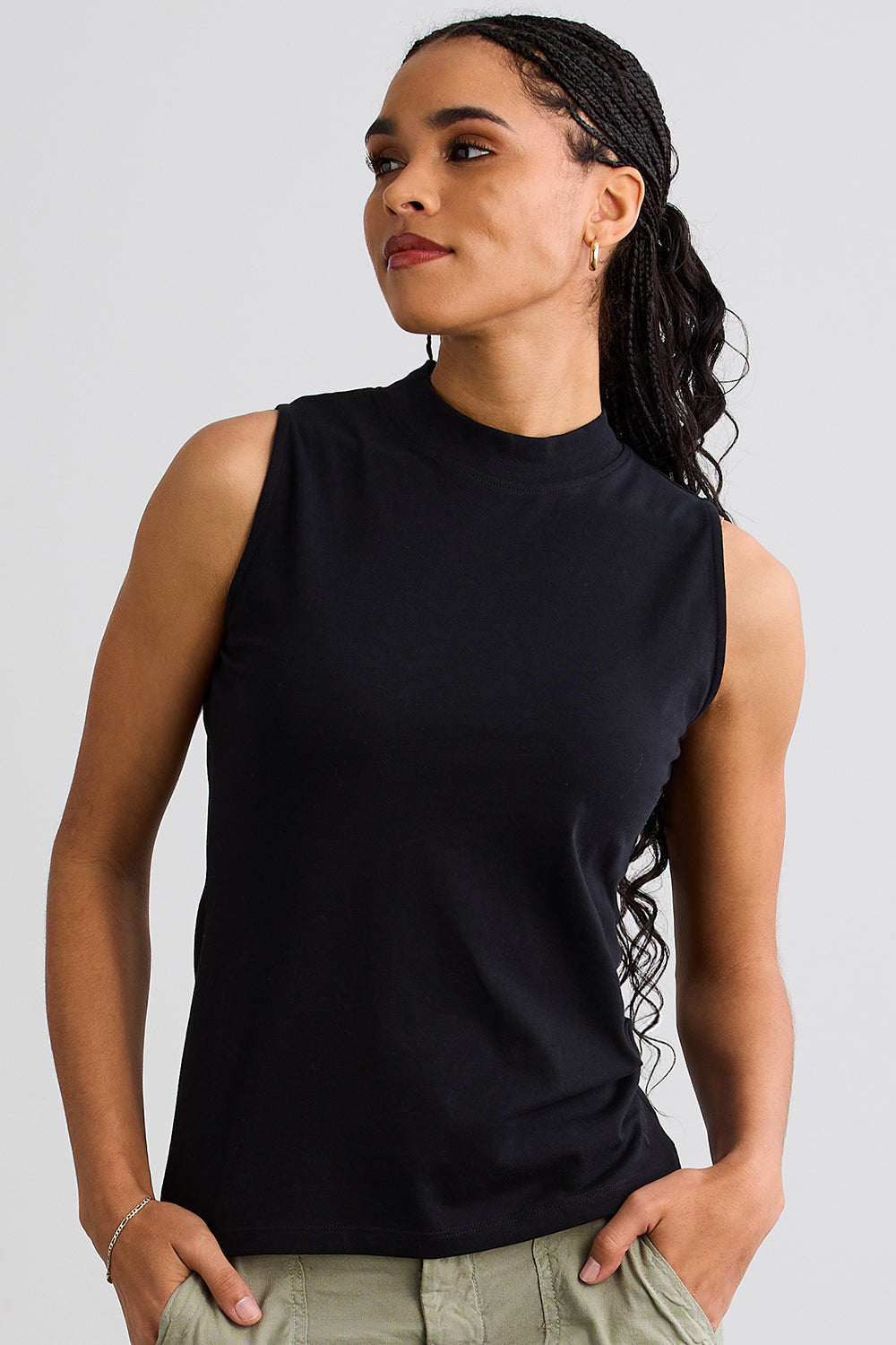 womens organic cotton sleeveless mock neck tee - black - fair indigo fair trade ethically made