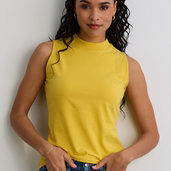 womens organic sleeveless mock neck t-shirt - misty yellow - fair indigo fair trade ethically made