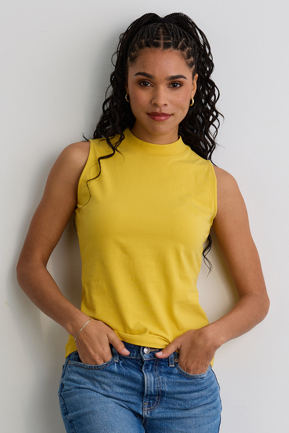 womens organic sleeveless mock neck t-shirt - misty yellow - fair indigo fair trade ethically made
