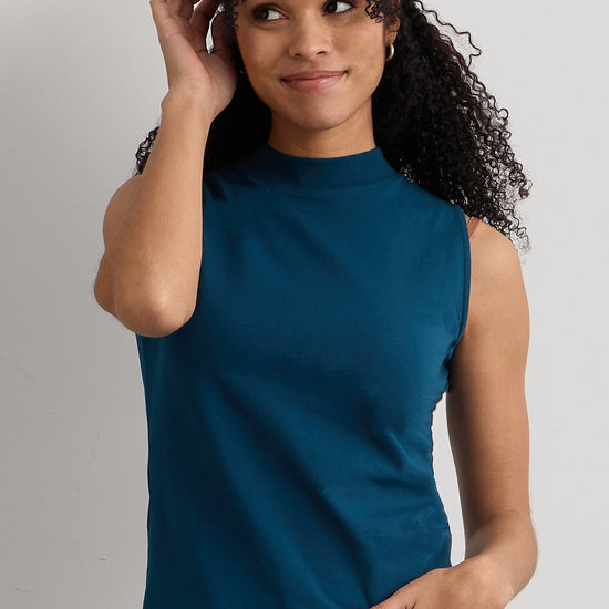 womens organic cotton sleeveless mock neck tee - peacock blue - fair indigo fair trade ethically made