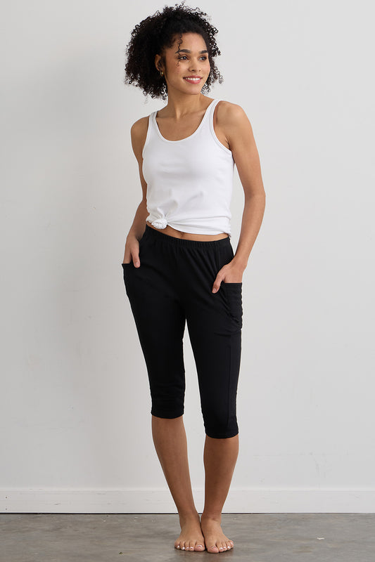 womens organic all-cotton capris pocket leggings - black - fair indigo fair trade ethically made
