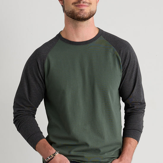 mens organic cotton raglan sleeve long sleeve t-shirt - balsam green - fair indigo fair trade ethically made