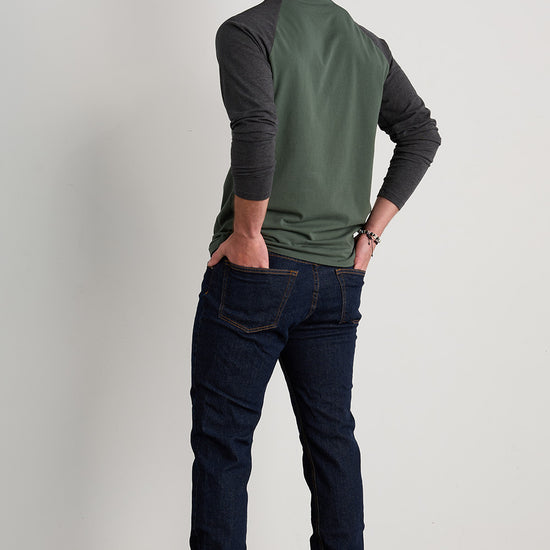 mens organic color block raglan sleeve baseball t-shirt - balsam green - fair indigo fair trade ethically made