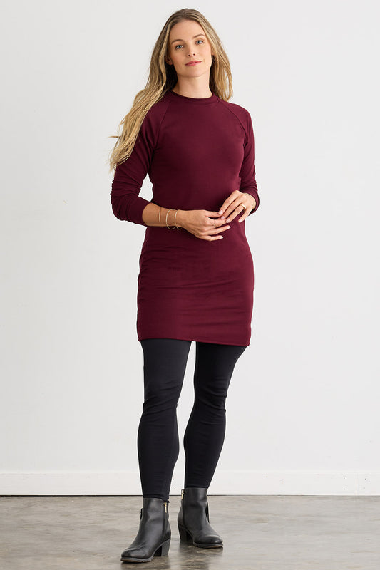 womens organic french terry long sleeve sweatshirt dress - burgundy - fair indigo fair trade ethically made