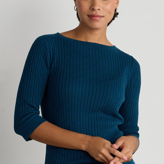 womens organic cotton half sleeve cable boat neck sweater - black - fair indigo ethically made