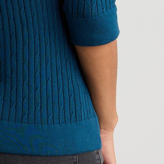 womens 100% organic cotton elbow sleeve boat neck sweater - peacock blue - fair indigo ethically made