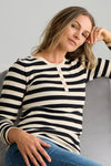 womens organic cotton striped henley sweater - black winter white stripe- fair indigo ethically made
