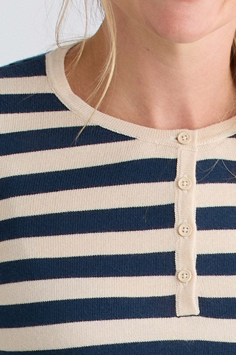 womens organic cotton striped henley sweater - indigo blue stripe - fair indigo ethically made