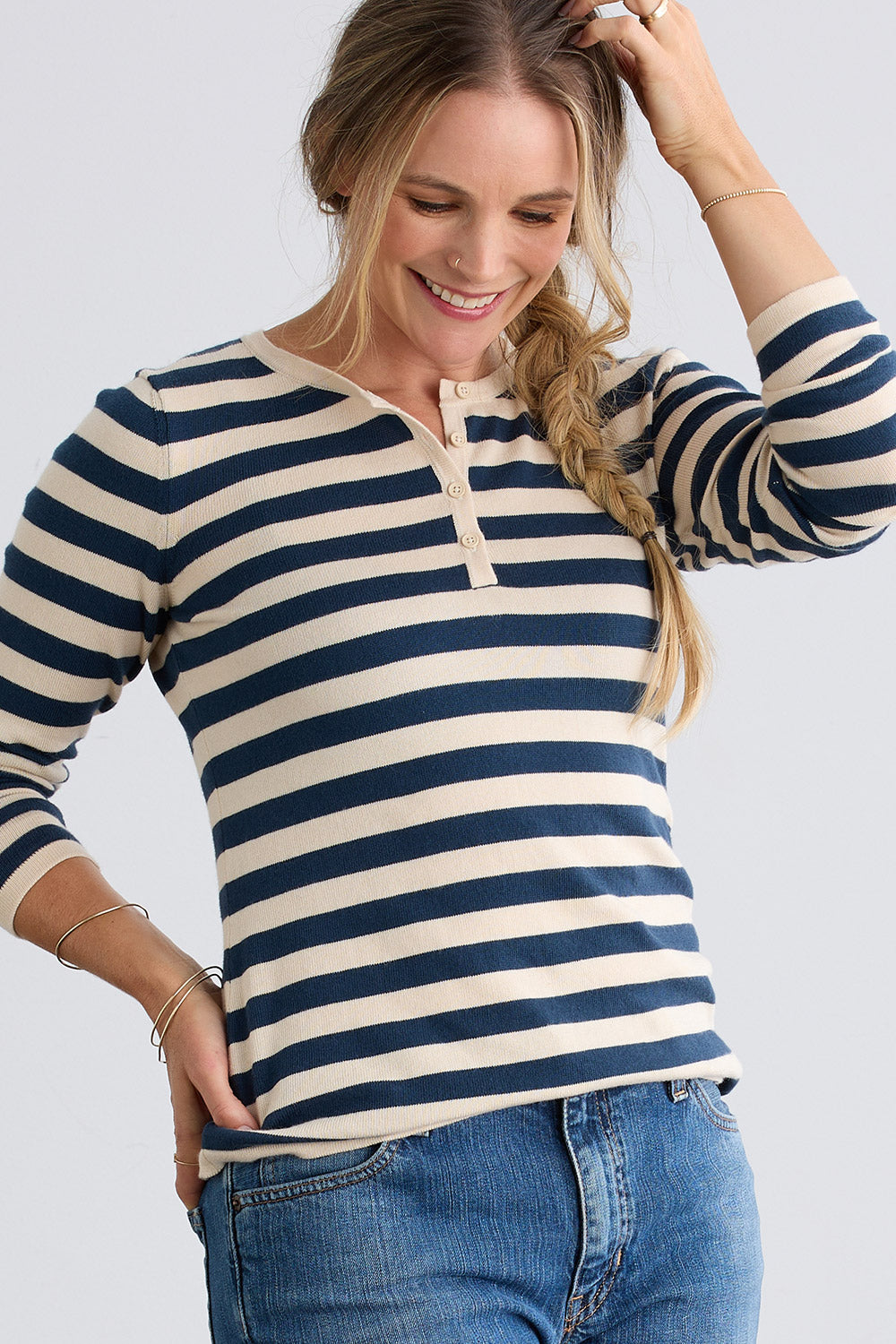 womens organic striped henley sweater - black undyed - fair indigo ethically made