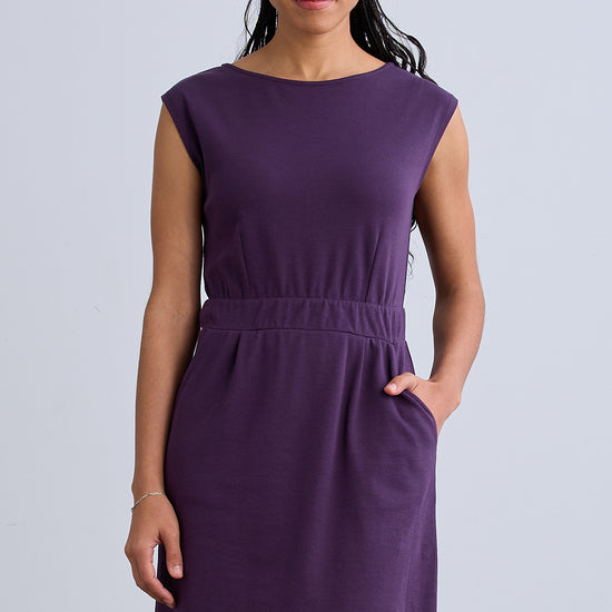 women's organic cotton pocket cap sleeve dress - eggplant purple - fair indigo ethically made fair trade clothing
