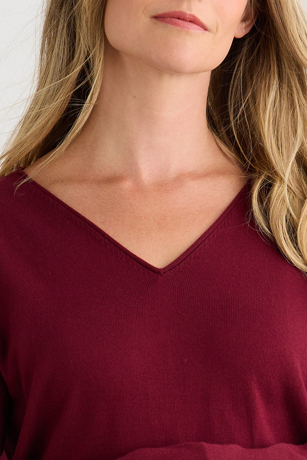 womens relaxed organic cotton v-neck sweaters - wine burgundy - undyed - fair indigo ethically made