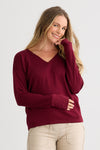womens relaxed organic cotton v-neck sweaters - wine burgundy - undyed - fair indigo ethically made