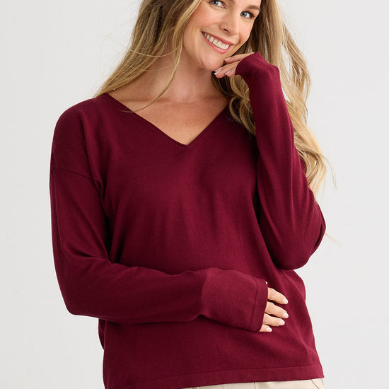 womens relaxed organic cotton v-neck sweaters - wine burgundy - undyed - fair indigo ethically made