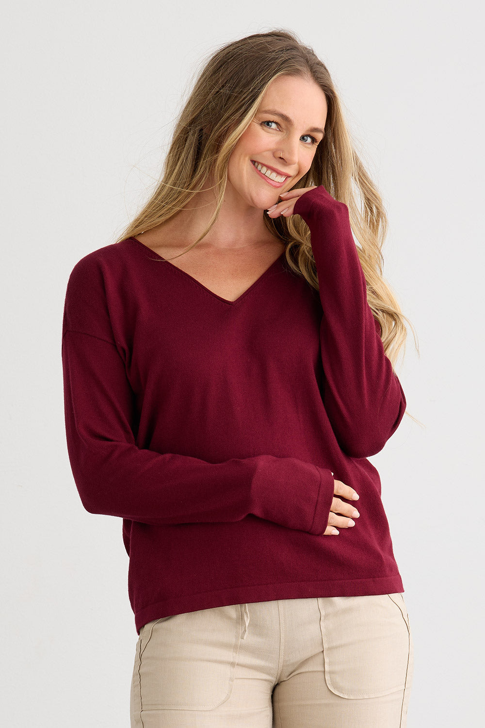 womens relaxed organic cotton v-neck sweaters - wine burgundy - undyed - fair indigo ethically made
