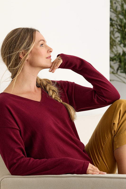 womens relaxed fit organic v-neck sweaters - wine burgundy - fair indigo ethically made