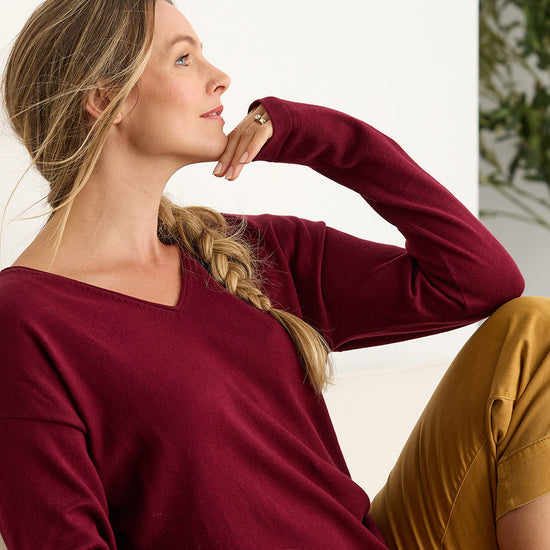 womens relaxed fit organic v-neck sweaters - wine burgundy - fair indigo ethically made