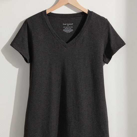 womens organic cotton relaxed v-neck t-shirt - charcoal heather grey - fair indigo - ethically made fair trade
