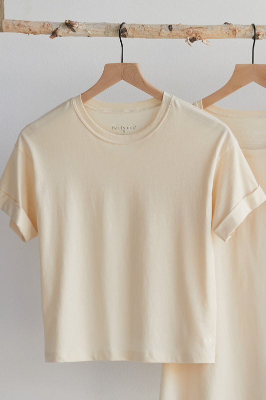 womens organic all cotton relaxed crop tee - undyed beige - fair trade ethically made