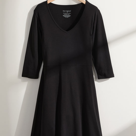 womens organic cotton 3/4 sleeve v-neck dress - black - fair indigo fair trade ethically made