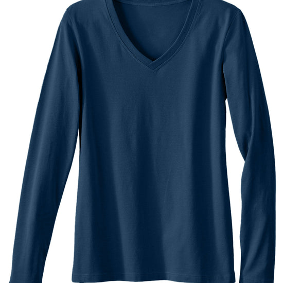 womens organic cotton long sleeve v-neck tee - dark ocean blue - fair indigo fair trade ethically made