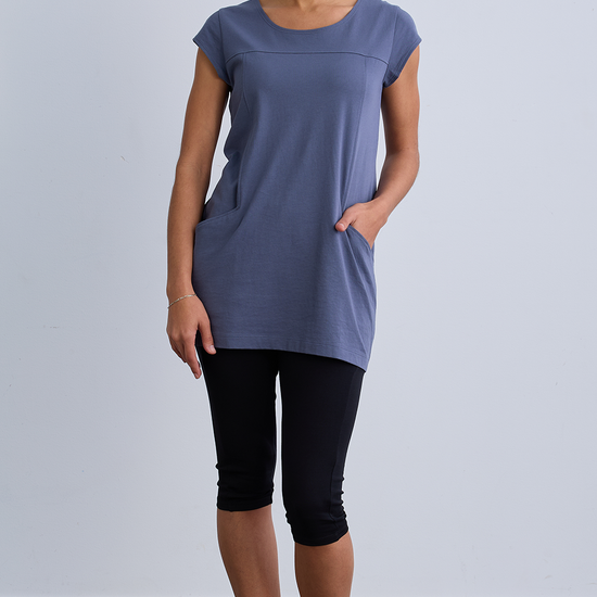 womens 100% organic cotton short sleeve tunic with pockets - slate blue  - fair indigo - ethically made fair trade