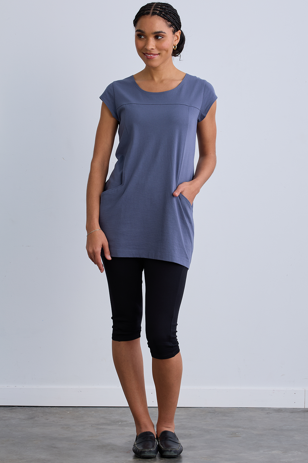 womens 100% organic cotton short sleeve tunic with pockets - slate blue  - fair indigo - ethically made fair trade